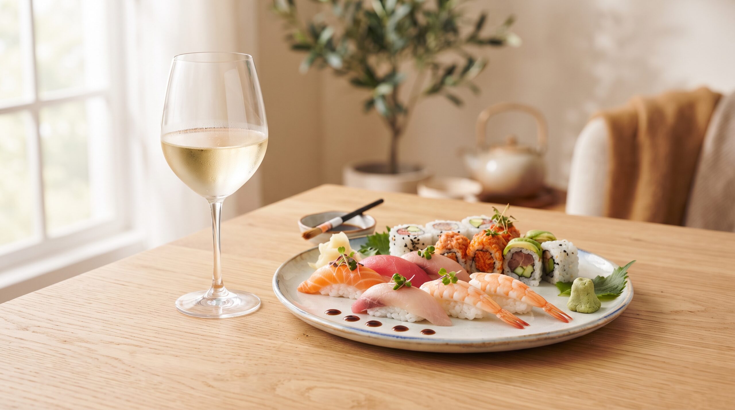 maridaje de vino y sushi copa de vino blanco junto a un plato de sushi